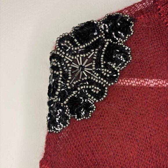 SELECTION NEW Mock Neck Sweater Womens M Red Metallic Knit Applique Beads Sheer - Picture 3 of 7